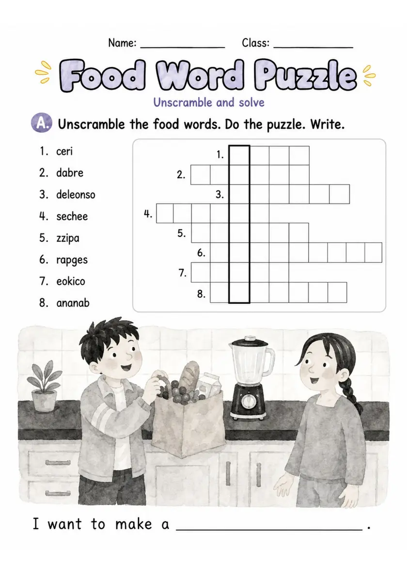 Food Word Puzzle | Grade 2 Vocabulary Worksheet grade 2 printable PDF preview