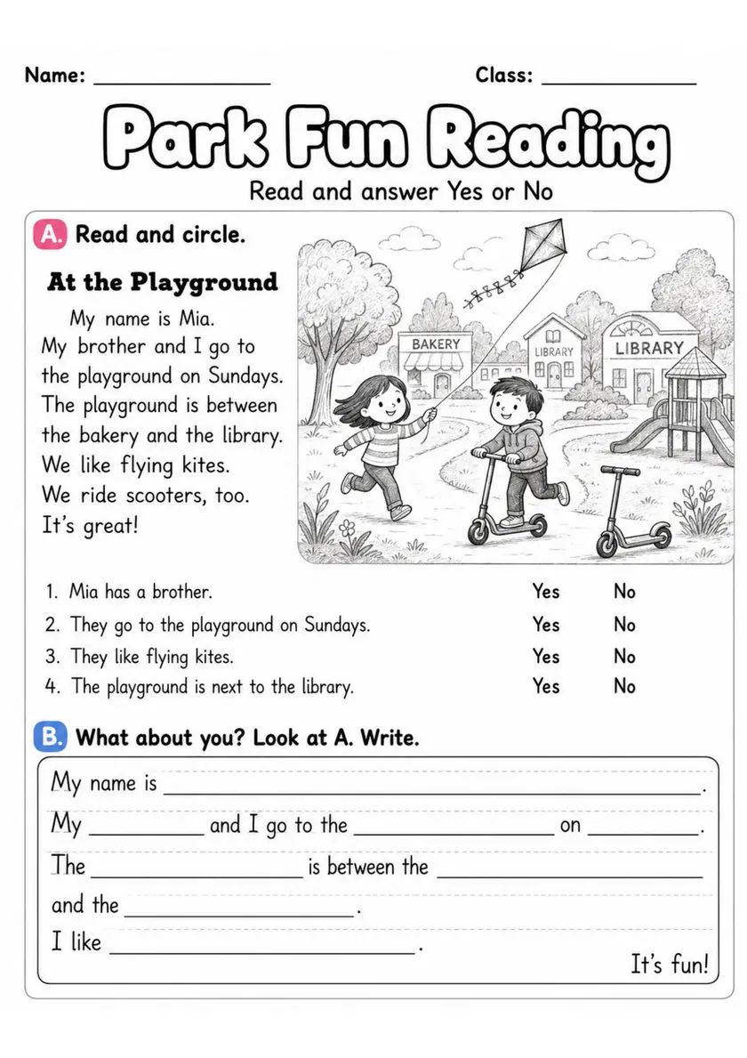 Park Fun Reading | Grade 2 Reading Worksheet grade 2 printable PDF preview