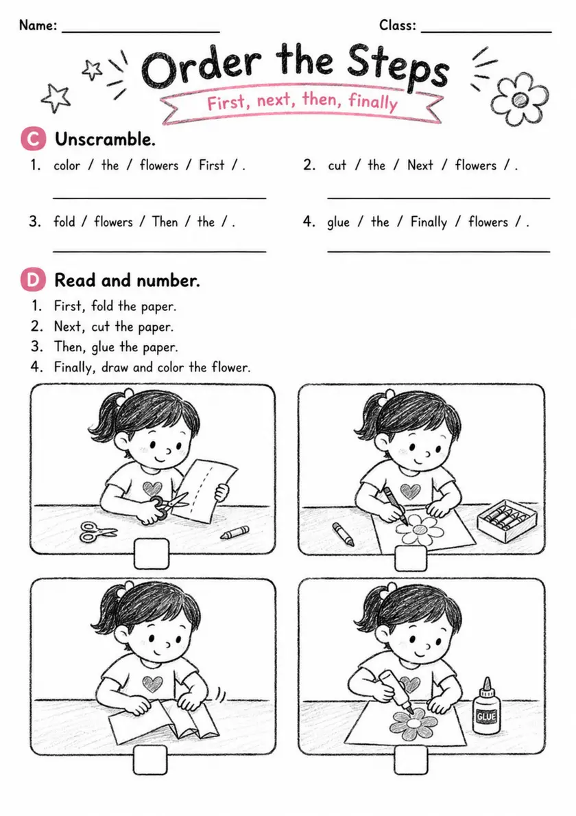 Order The Steps | Grade 2 English Language Arts Worksheet grade 2 printable PDF preview