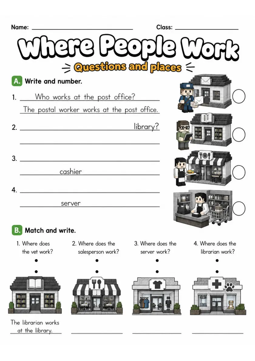 Where People Work | Grade 2 Vocabulary Worksheet grade 2 printable PDF preview