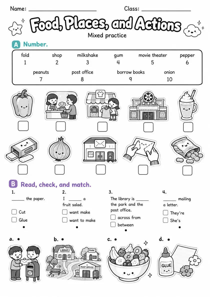 Food, Places, And Actions | Grade 2 Vocabulary Worksheet grade 2 printable PDF preview