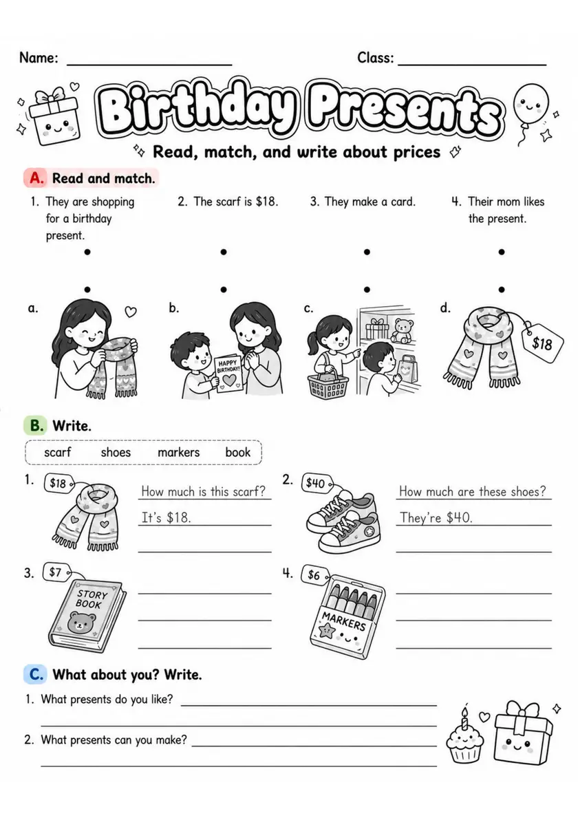 Birthday Presents | Grade 2 Reading Worksheet grade 2 printable PDF preview