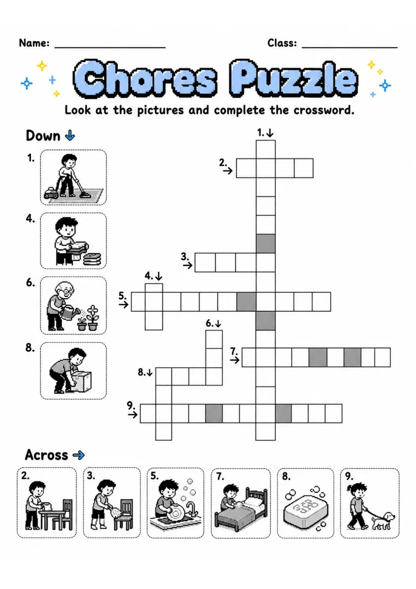 Chores Puzzle | Grade 2 Vocabulary Worksheet grade 2 printable PDF preview