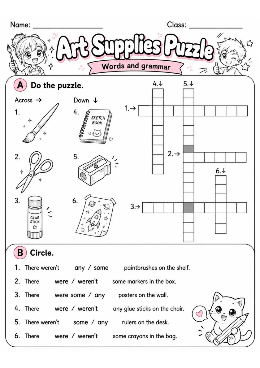 Art Supplies Puzzle | Grade 2 Vocabulary Worksheet grade 2 printable PDF preview