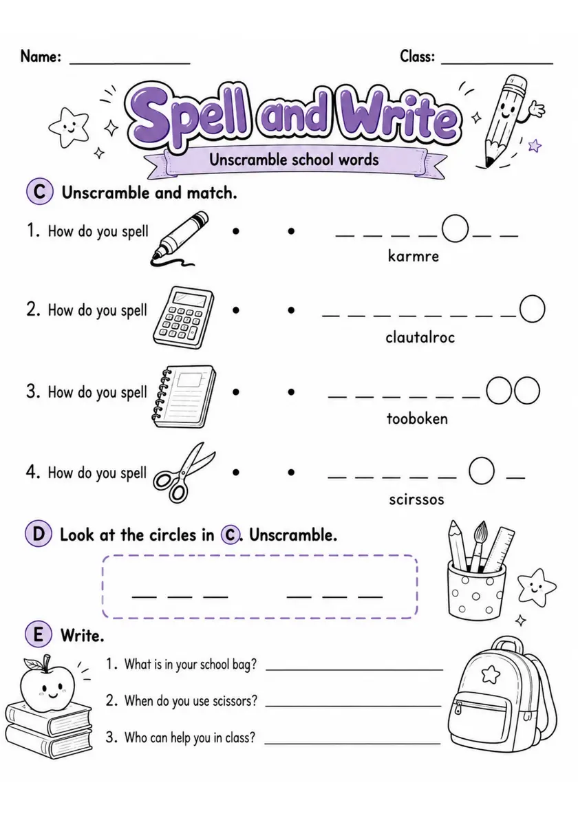 Spell And Write | Grade 2 Vocabulary Worksheet grade 2 printable PDF preview