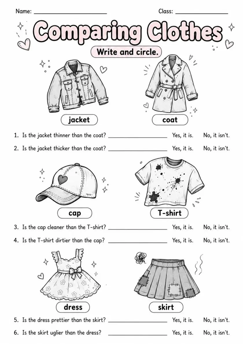 Comparing Clothes | Grade 2 English Language Arts Worksheet grade 2 printable PDF preview