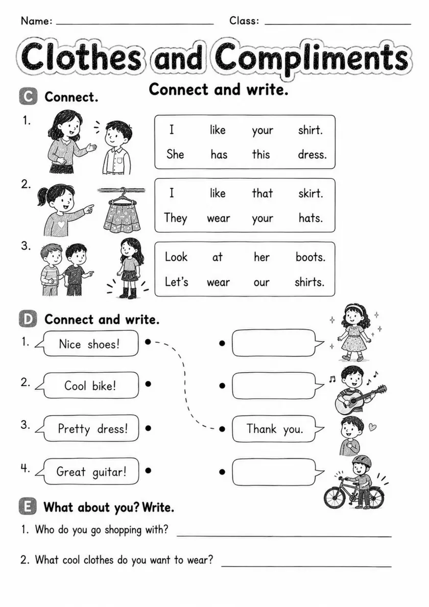 Clothes And Compliments | Grade 2 English Language Arts Worksheet grade 2 printable PDF preview