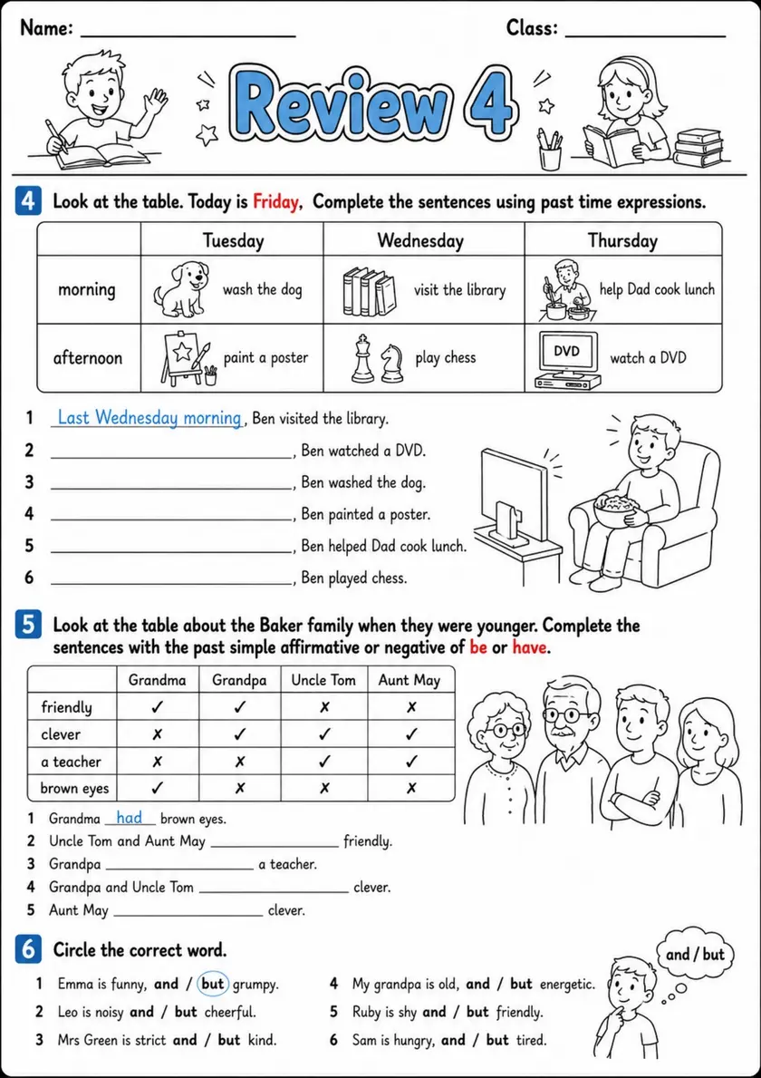 Past Time Expressions: Review 4 | Grades 3-4 Grammar Worksheet grades 3 4 printable PDF preview