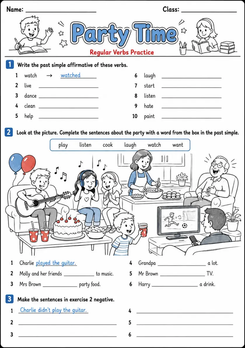 Regular Past Simple: Party Time 2 | Grades 3-4 Grammar Worksheet grades 3 4 printable PDF preview
