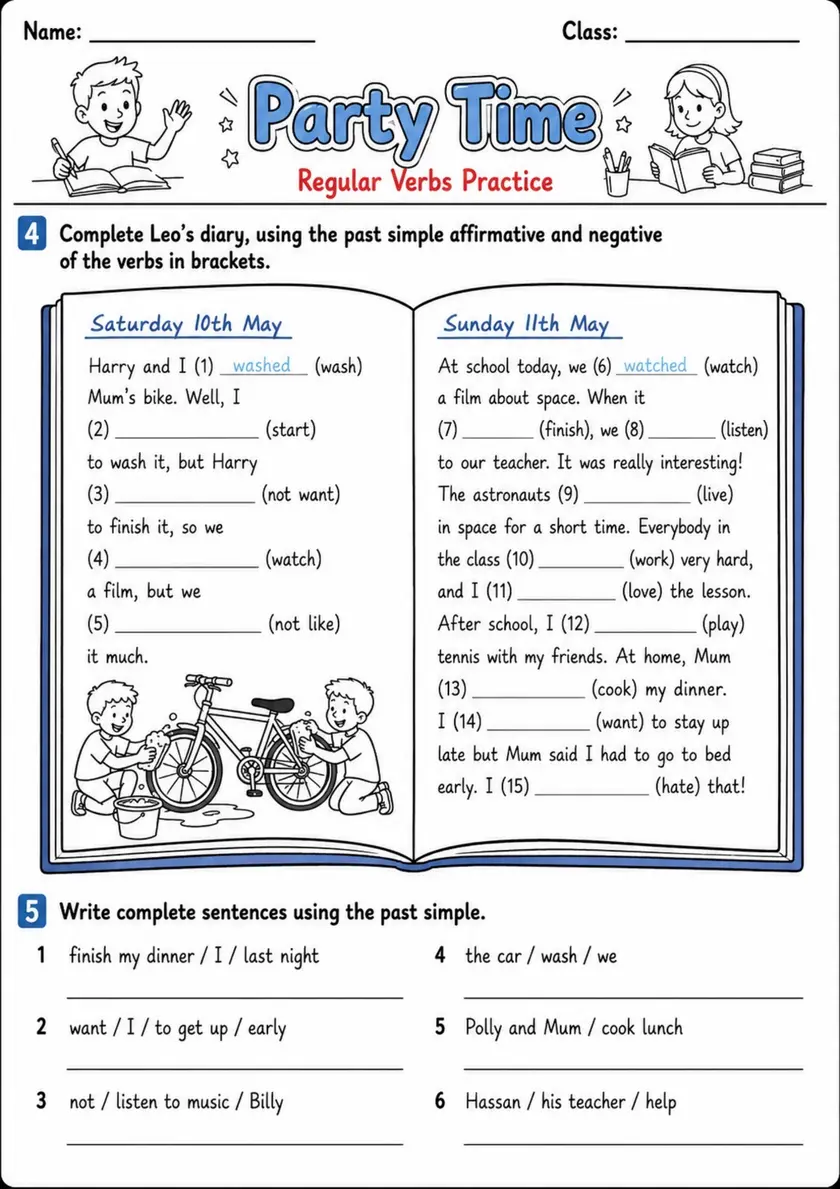 Regular Past Simple: Party Time 3 | Grades 3-4 Grammar Worksheet grades 3 4 printable PDF preview
