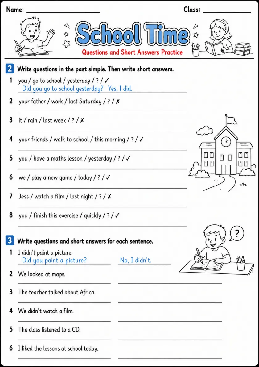 Past Simple Questions: School Time 2 | Grades 3-4 Grammar Worksheet grades 3 4 printable PDF preview