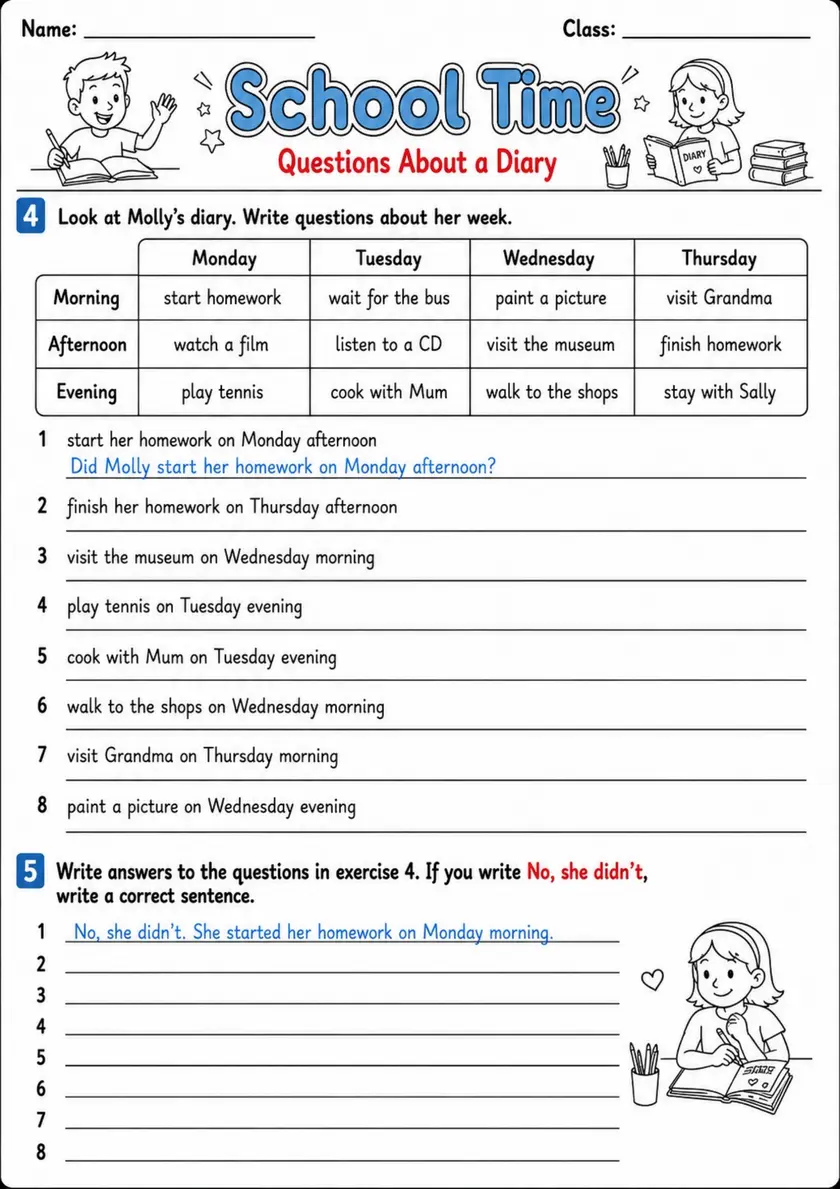 Past Simple Questions: School Time 3 | Grades 3-4 Grammar Worksheet grades 3 4 printable PDF preview