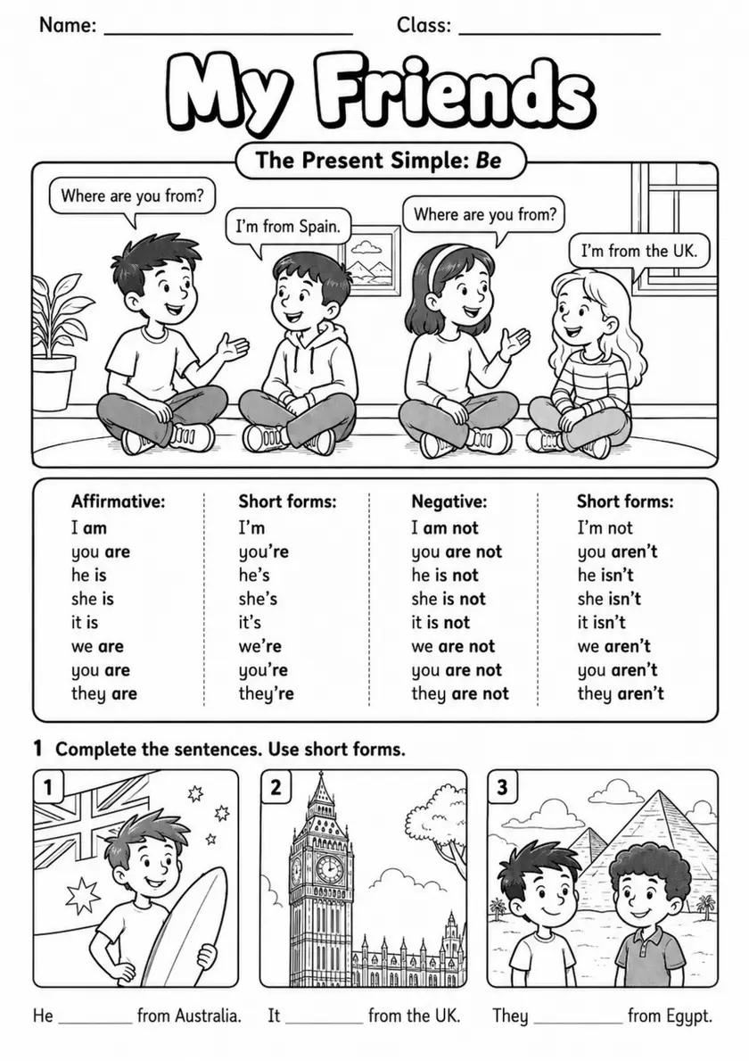 Present Simple Be: My Friends | Grades 3-4 Grammar Worksheet grades 3 4 printable PDF preview