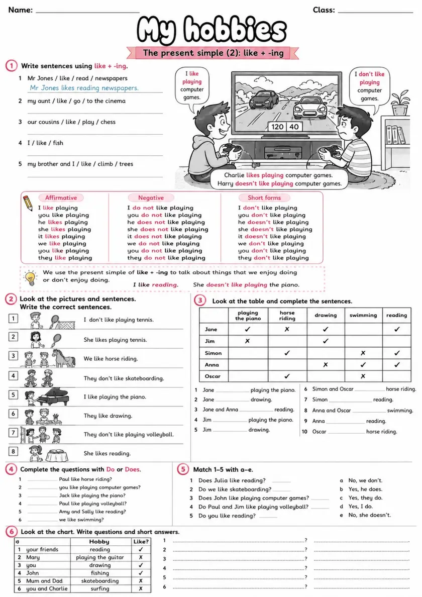 Like Plus Ing: My Hobbies | Grades 3-4 Grammar Worksheet - WKS-ELA-grade-3-4-GRM-0018-EN grades 3 4 printable PDF preview
