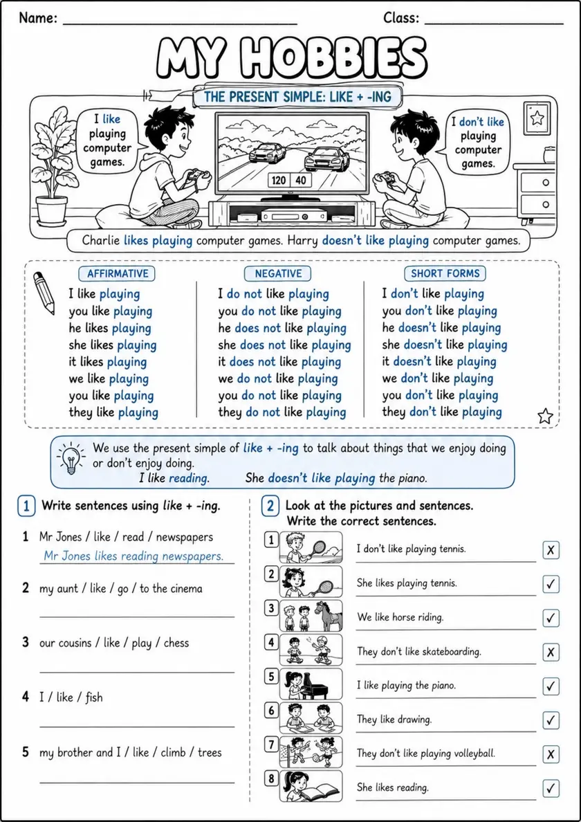 Like Plus Ing: My Hobbies 3 | Grades 3-4 Grammar Worksheet grades 3 4 printable PDF preview
