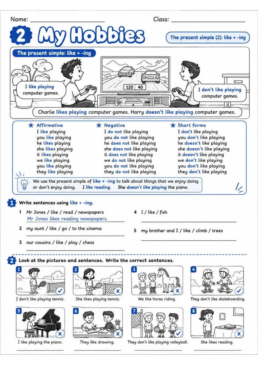 Like Plus Ing: 2 My Hobbies | Grades 3-4 Grammar Worksheet grades 3 4 printable PDF preview
