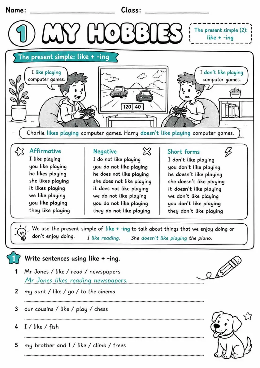 Like Plus Ing: My Hobbies 7 | Grades 3-4 Grammar Worksheet grades 3 4 printable PDF preview
