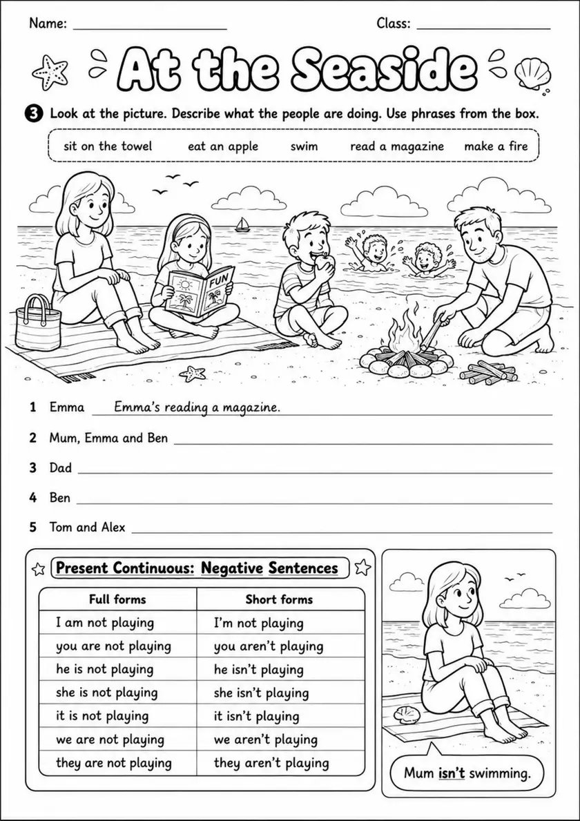 Present Continuous: At The Seaside 3 | Grades 3-4 Grammar Worksheet grades 3 4 printable PDF preview