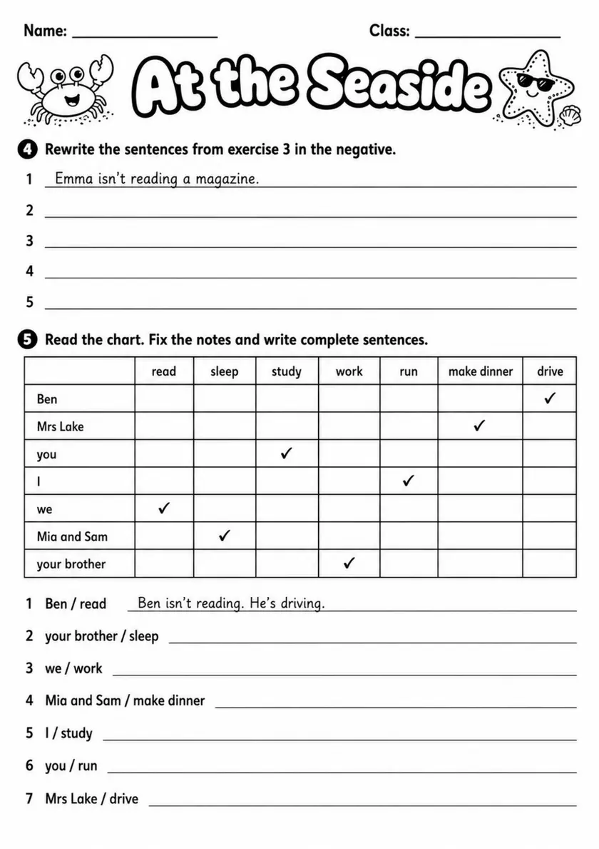 Present Continuous: At The Seaside 4 | Grades 3-4 Grammar Worksheet grades 3 4 printable PDF preview