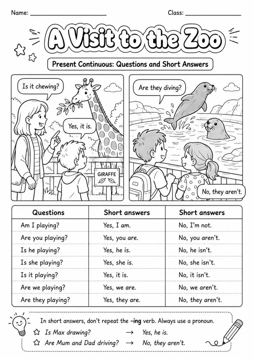 Present Continuous: A Visit To The Zoo | Grades 3-4 Grammar Worksheet grades 3 4 printable PDF preview