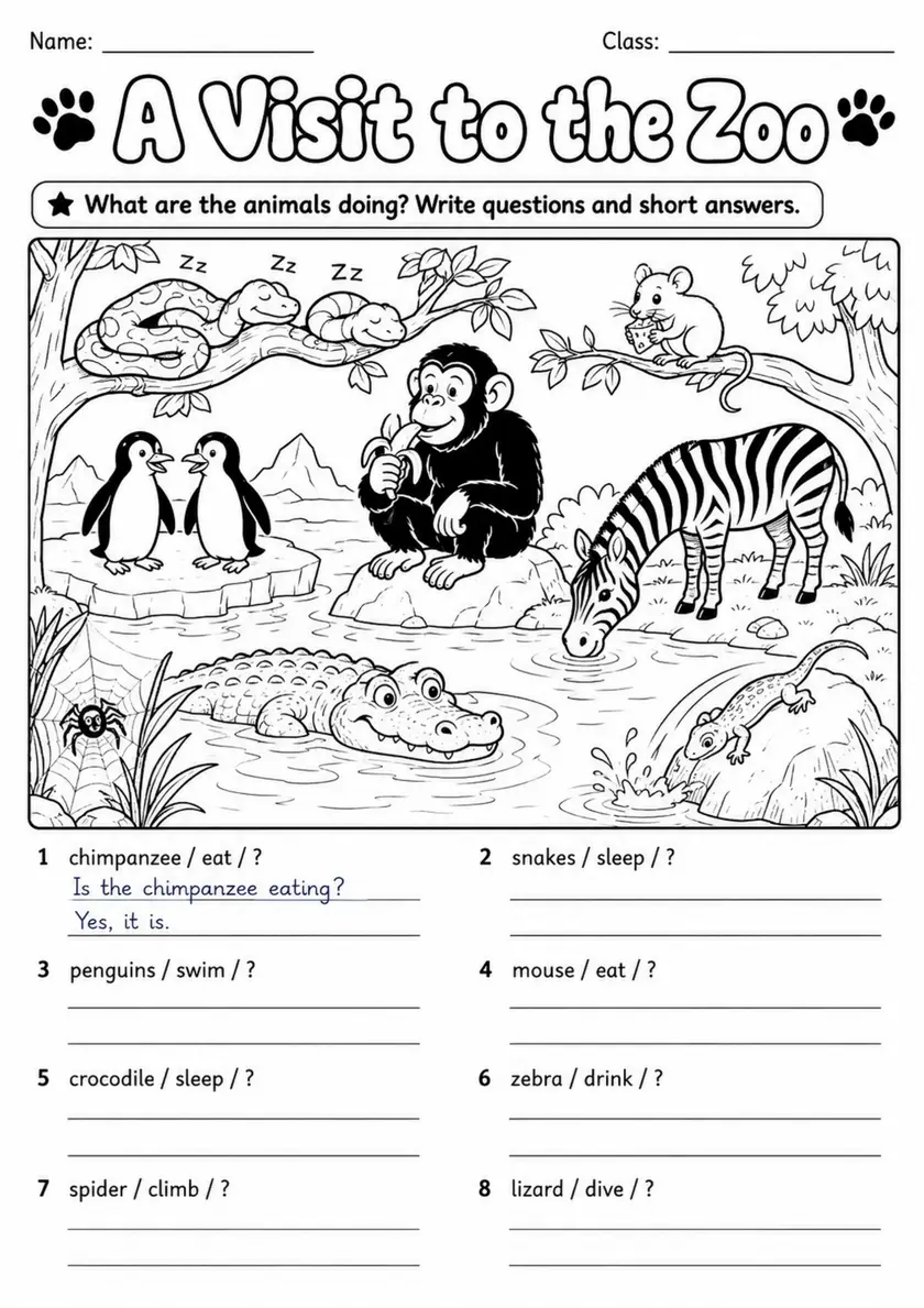 Present Continuous: A Visit To The Zoo 4 | Grades 3-4 Grammar Worksheet grades 3 4 printable PDF preview