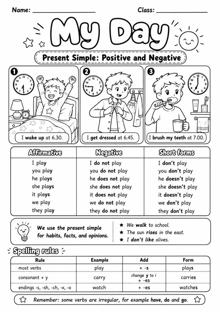 Present Simple: My Day | Grades 3-4 Grammar Worksheet grades 3 4 printable PDF preview