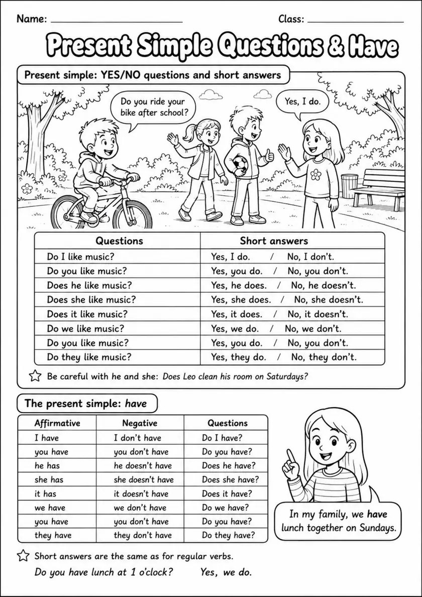 Present Simple Questions & Have | Grades 3-4 Grammar Worksheet grades 3 4 printable PDF preview
