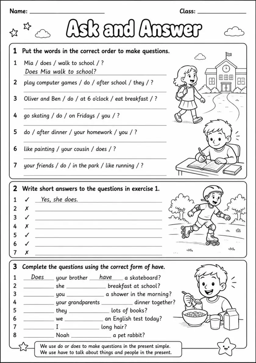 Present Simple: Ask And Answer | Grades 3-4 Grammar Worksheet grades 3 4 printable PDF preview