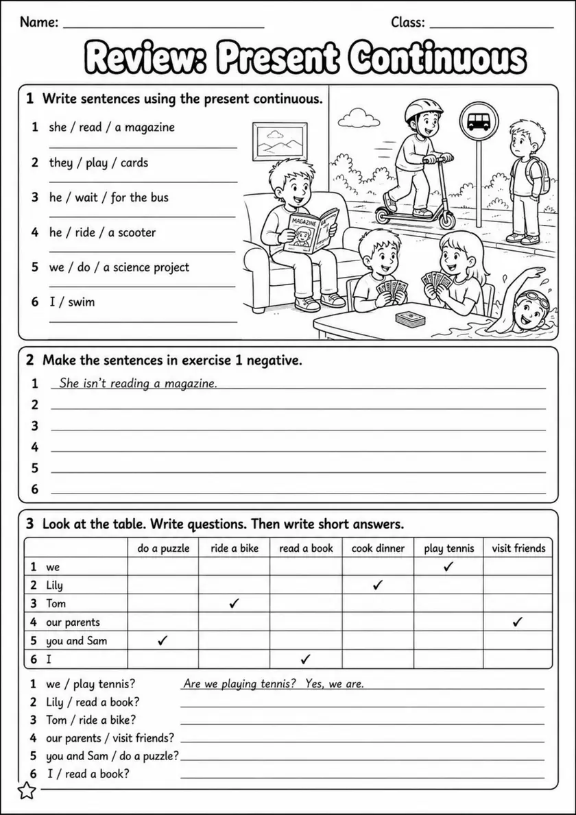 Review: Present Continuous | Grades 3-4 Grammar Worksheet grades 3 4 printable PDF preview