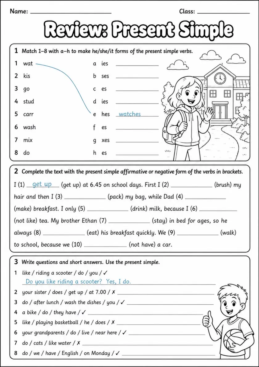 Review: Present Simple | Grades 3-4 Grammar Worksheet grades 3 4 printable PDF preview