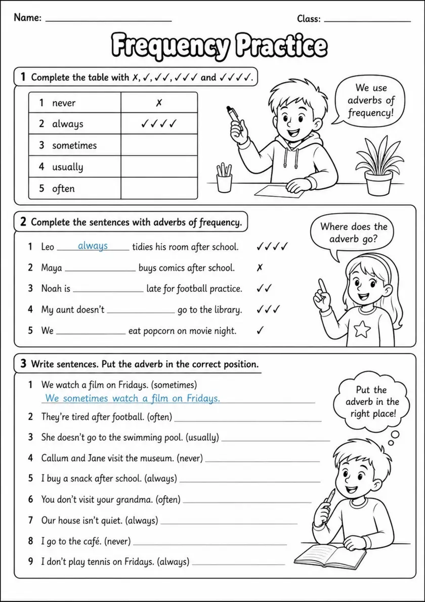 Adverbs and Time Expressions: Frequency Practice | Grades 3-4 Grammar Worksheet grades 3 4 printable PDF preview