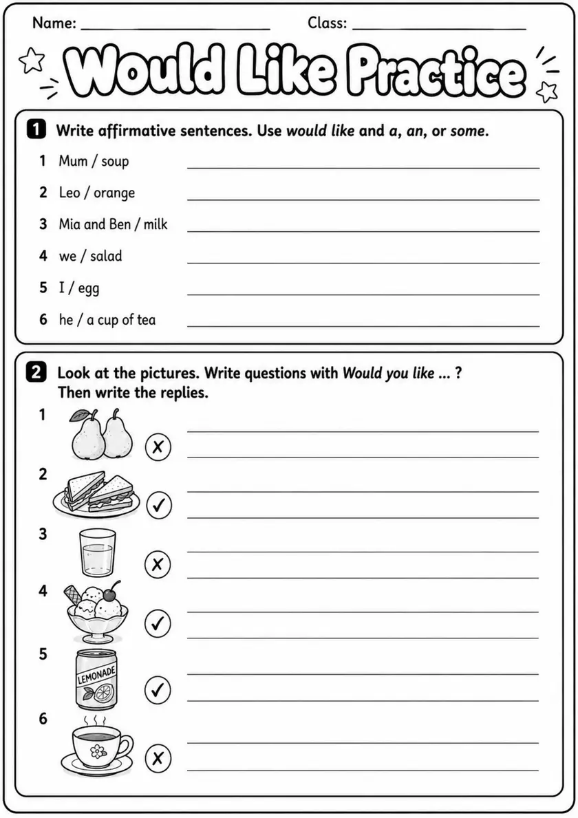 Would Like Practice | Grades 3-4 Grammar Worksheet grades 3 4 printable PDF preview