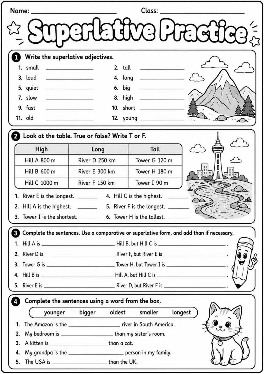 Superlative Practice | Grades 3-4 Grammar Worksheet grades 3 4 printable PDF preview
