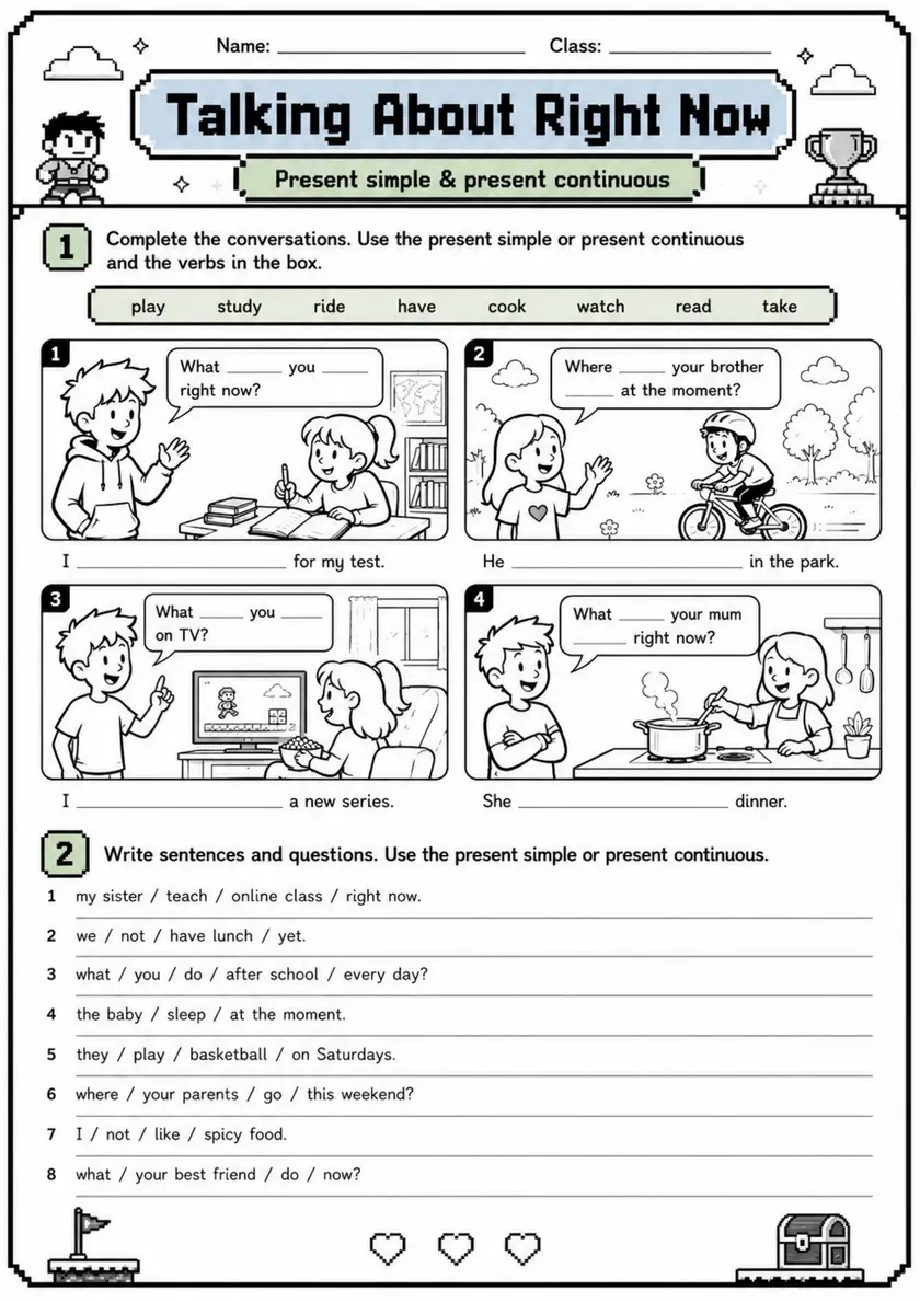 Present and Past Tenses: Talking About Right Now | Grades 5-6 Grammar Worksheet grades 5 6 printable PDF preview