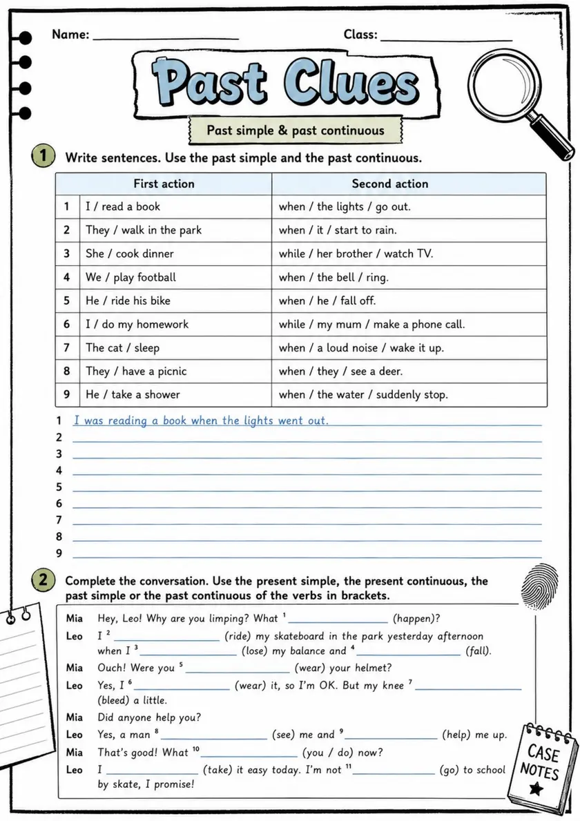 Past Clues | Grades 5-6 Grammar Worksheet grades 5 6 printable PDF preview