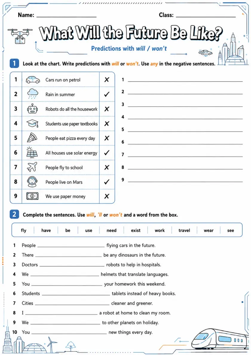 What Will The Future Be Like? | Grades 5-6 Grammar Worksheet grades 5 6 printable PDF preview