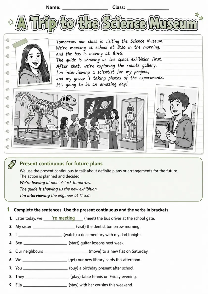 Future Forms: A Trip To The Science Museum | Grades 5-6 Grammar Worksheet grades 5 6 printable PDF preview