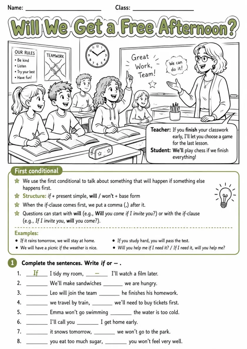 First Conditional: Will We Get A Free Afternoon? | Grades 5-6 Grammar Worksheet grades 5 6 printable PDF preview
