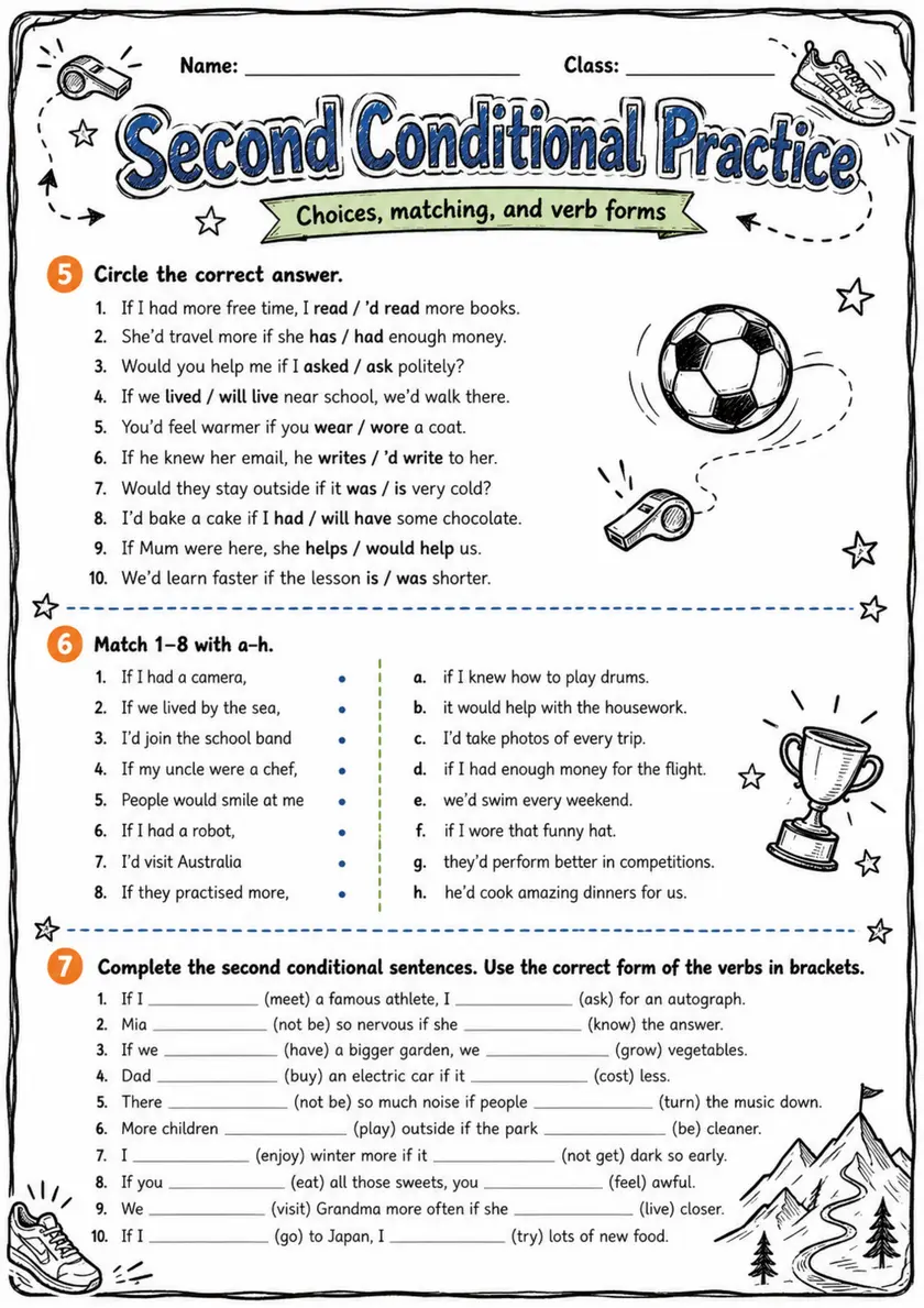 Second Conditional Practice | Grades 5-6 Grammar Worksheet grades 5 6 printable PDF preview