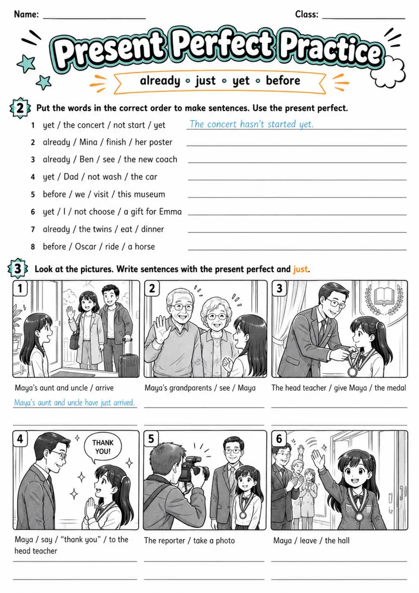 Present Perfect Practice | Grades 5-6 Grammar Worksheet grades 5 6 printable PDF preview