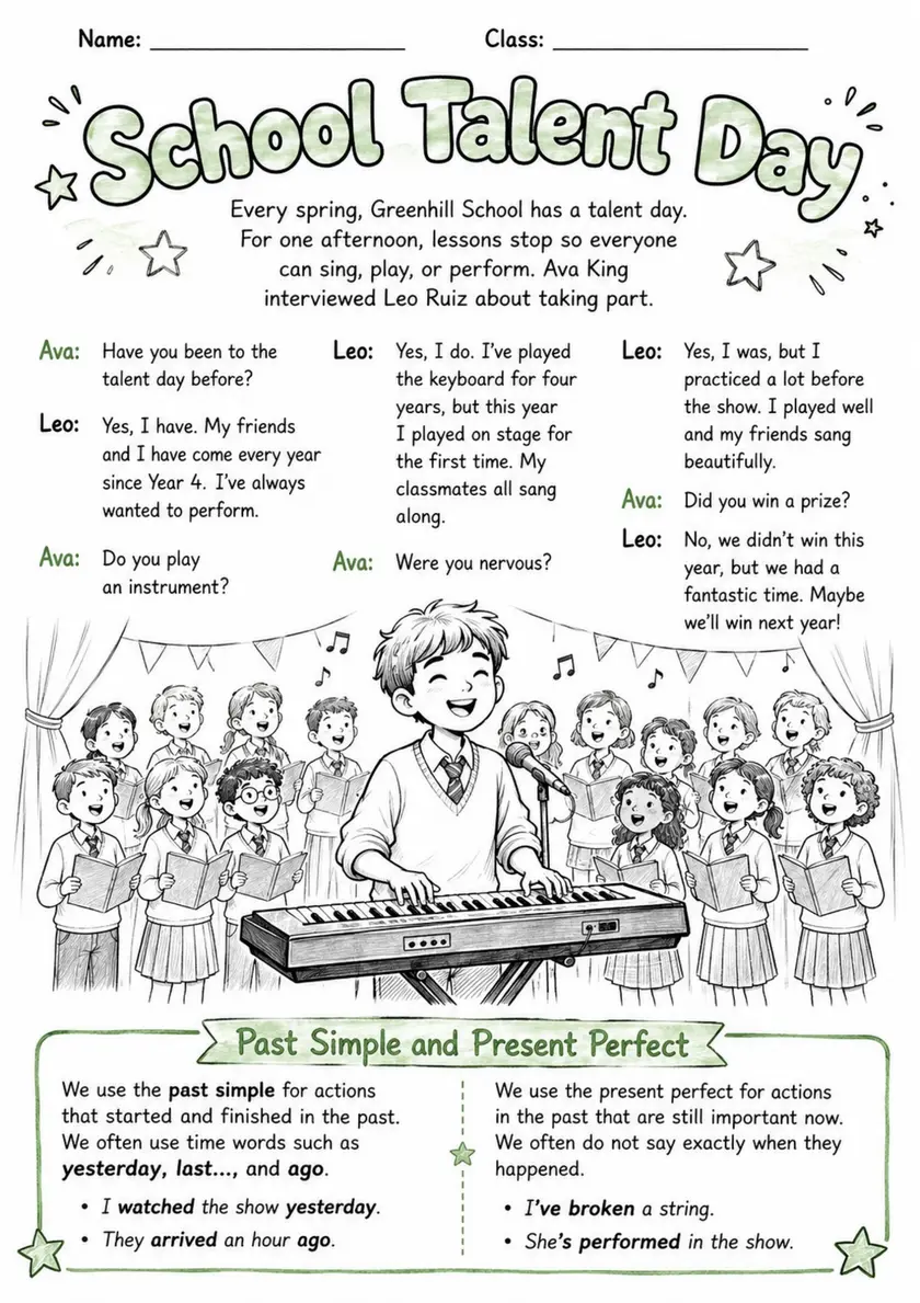 Present Perfect: School Talent Day | Grades 5-6 Grammar Worksheet grades 5 6 printable PDF preview