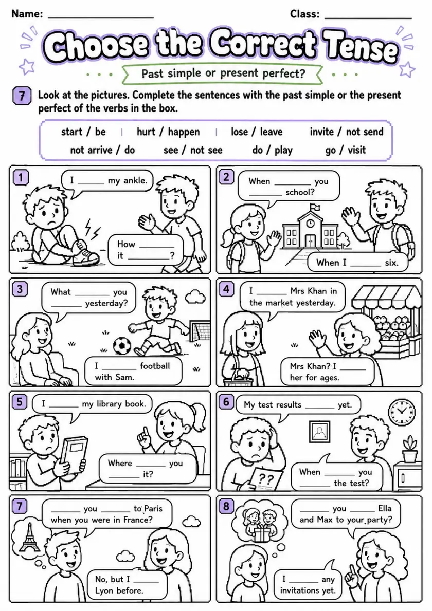 Past Simple or Present Perfect | Grades 5-6 Grammar Worksheet - grades 5 6 Picture Practice grades 5 6 printable PDF preview