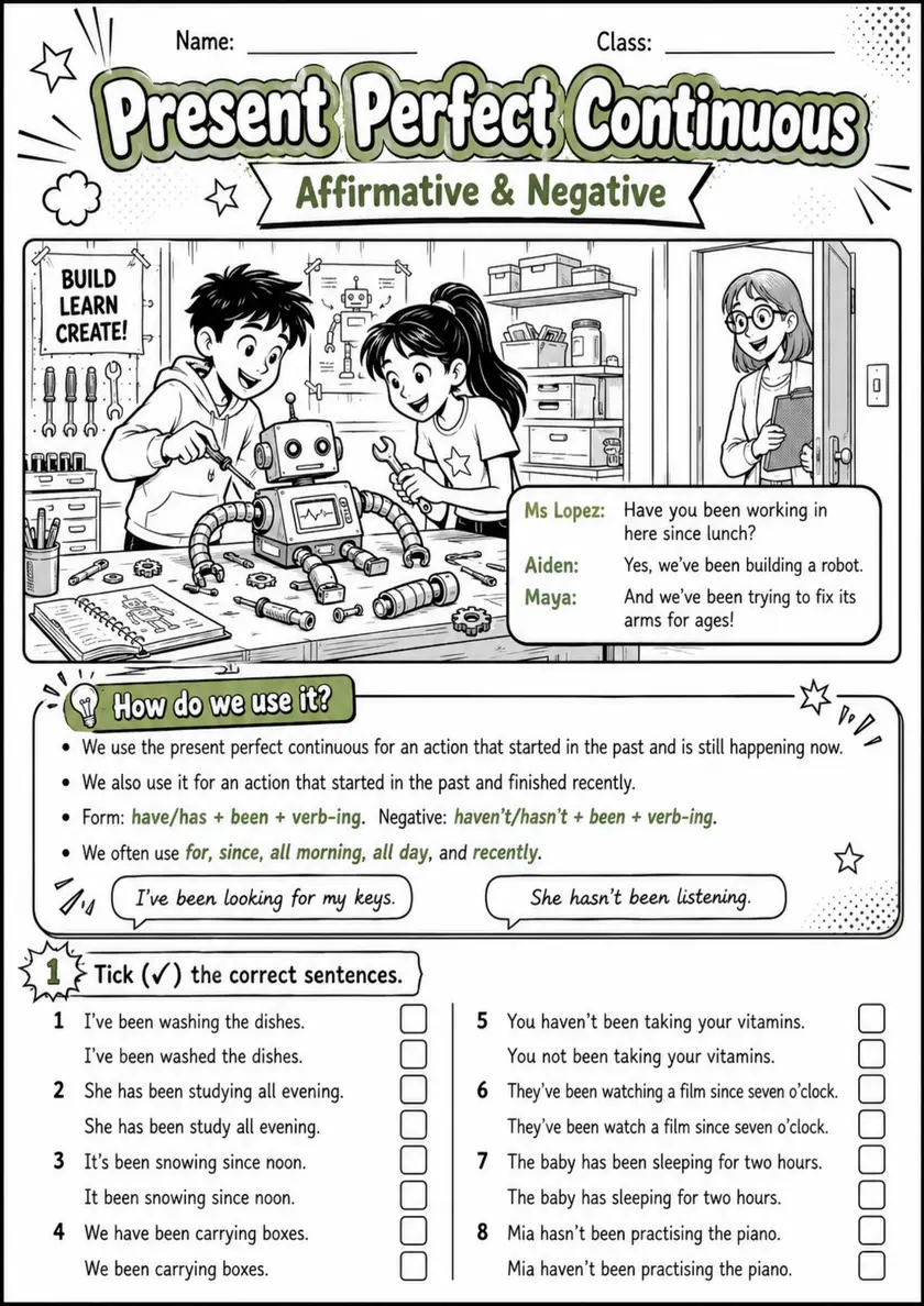 Present Perfect Continuous | Grades 5-6 Grammar Worksheet grades 5 6 printable PDF preview