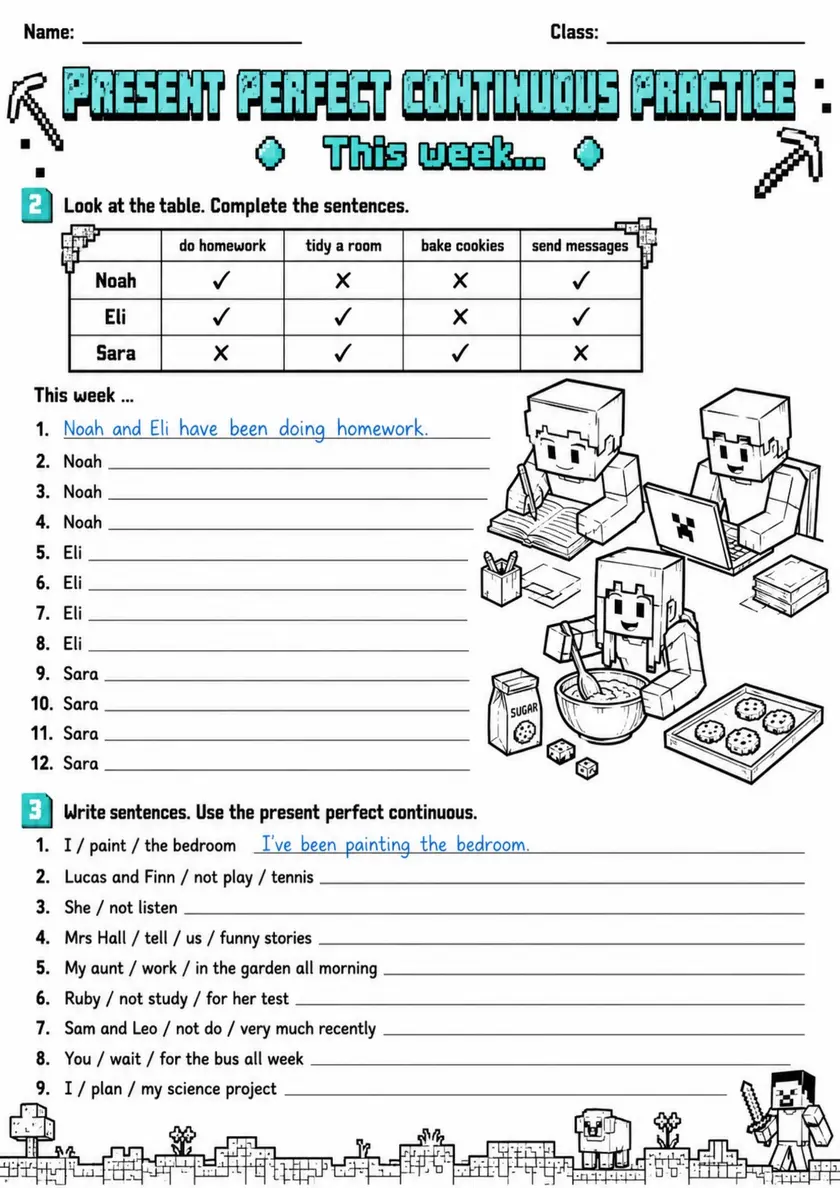 Present Perfect Continuous Practice | Grades 5-6 Grammar Worksheet grades 5 6 printable PDF preview