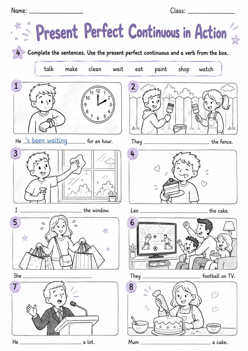 Present Perfect Continuous In Action | Grades 5-6 Grammar Worksheet grades 5 6 printable PDF preview
