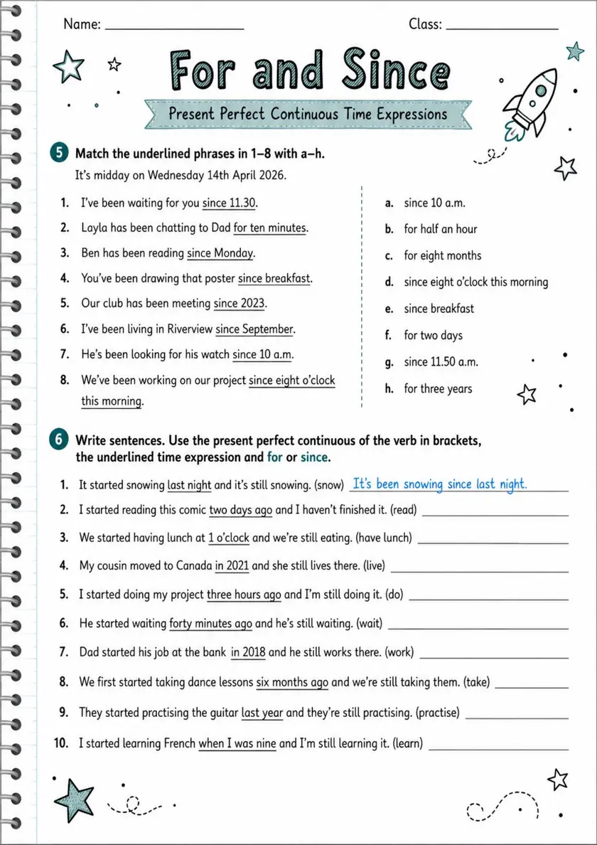 Present Perfect Continuous: For And Since | Grades 5-6 Grammar Worksheet grades 5 6 printable PDF preview