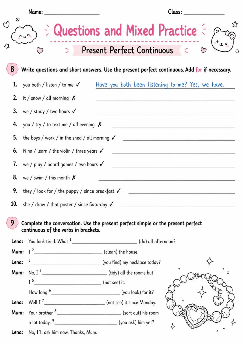 Present Perfect Continuous Questions | Grades 5-6 Grammar Worksheet grades 5 6 printable PDF preview