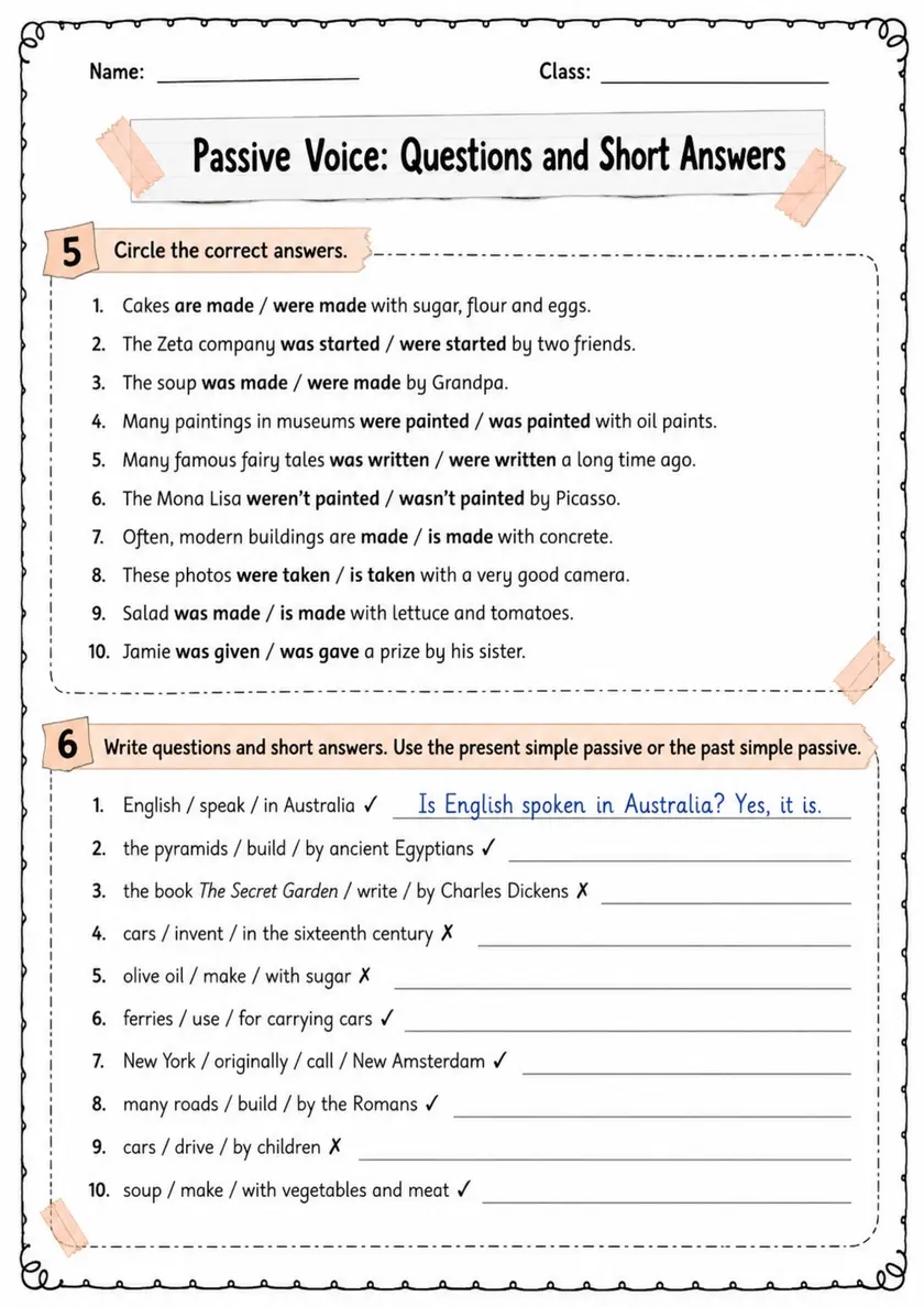 Passive Voice: Questions And Short Answers | Grades 5-6 Grammar Worksheet grades 5 6 printable PDF preview