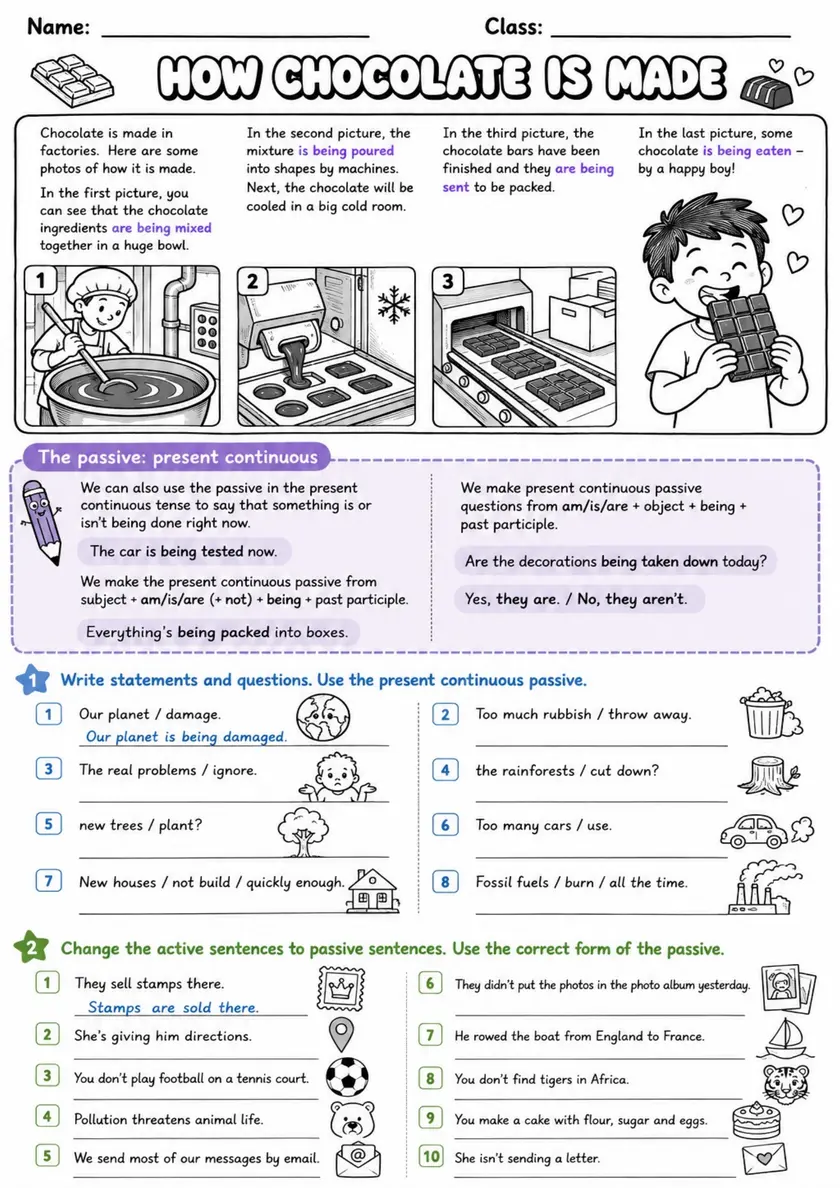 How Chocolate Is Made: Passive Voice 7 | Grades 5-6 Grammar Worksheet grades 5 6 printable PDF preview