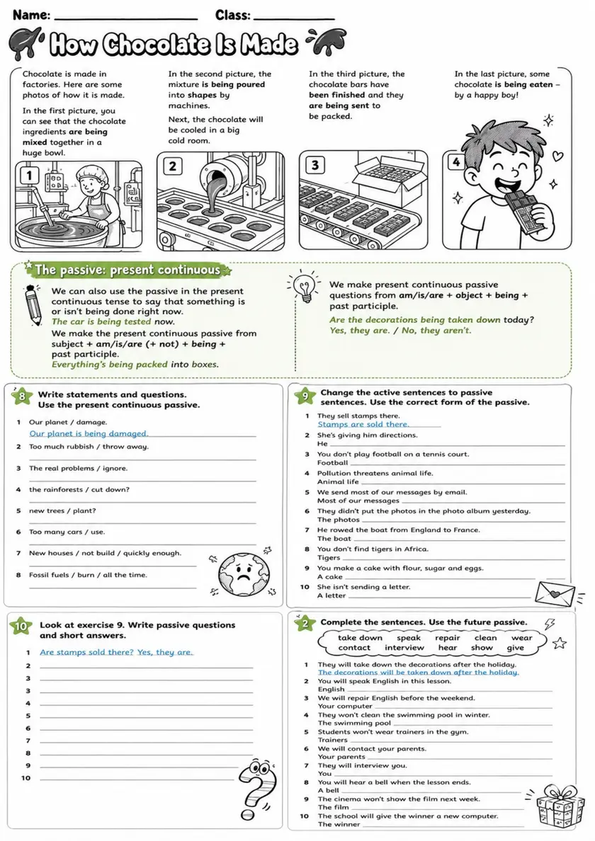 How Chocolate Is Made: Passive Voice 8 | Grades 5-6 Grammar Worksheet grades 5 6 printable PDF preview